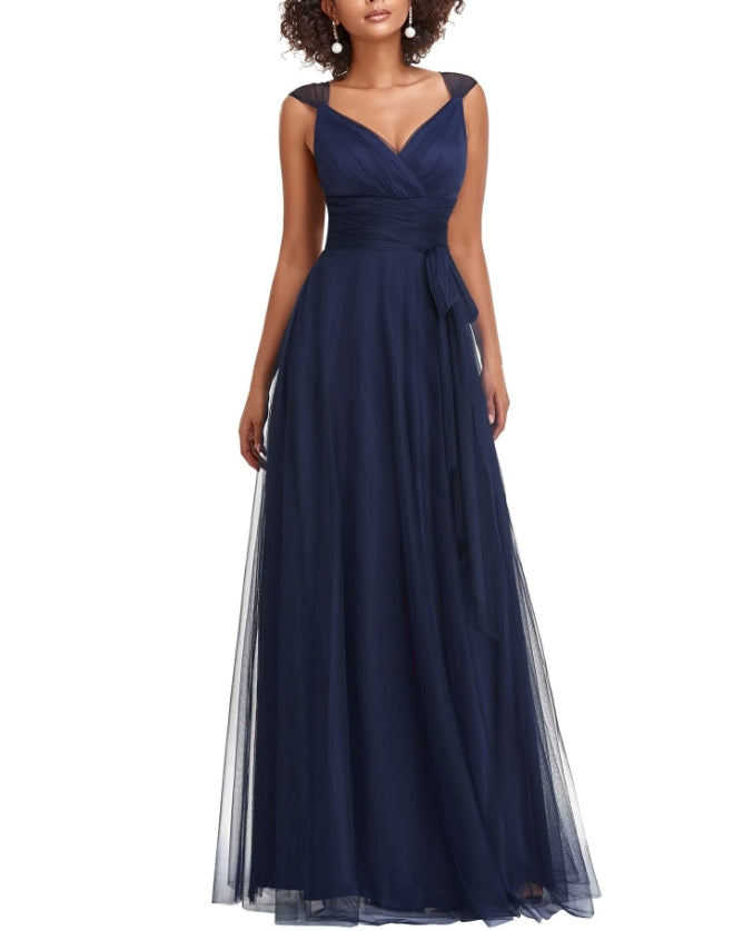 Navy Blue Women's Elegant V Neck Sash Waist A-Line Maxi Tulle Wrap Dress Prom Dresses